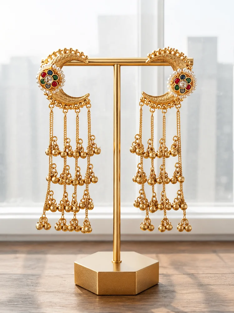 Rajwada Navratna Chandbali Tassel Earrings