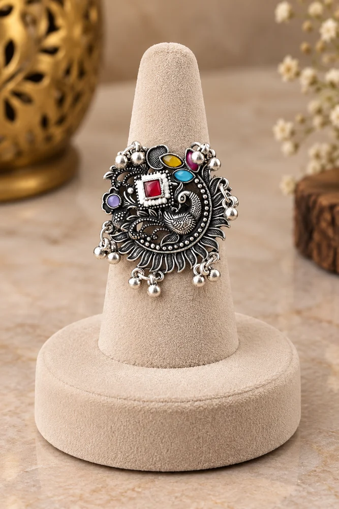 Mayura Rangoli Oxidized Silver Statement Ring